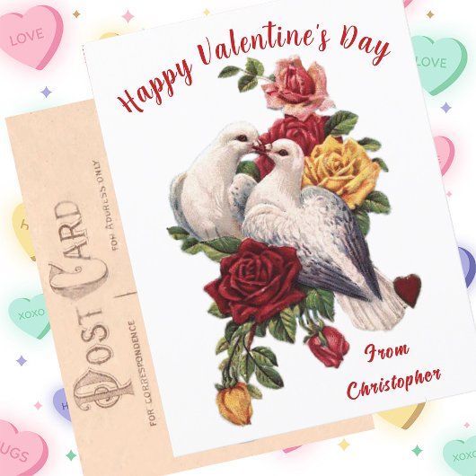 Carte vintage Saint Valentin Doves Florales Coeurs