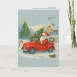 Carte Vintage Santa in Red Car Christmas Watercolor