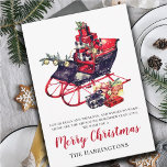 Carte Vintage Sleigh Joyeux Noël<br><div class="desc">Un traîneau de Noël d'inspiration vintage empilé de cadeaux, paré de cloches saintes et de sonneries, et parsemé de flocons de neige sur blanc propre. Éditez le court verset, le message de Noël Joyeux (passez à Joyeux Fêtes ou Salutations de Saison, ou retirez), et la ligne de nom de famille...</div>