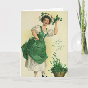 Carte Vintage St. Patrick's Day Irish Lass avec Clovers