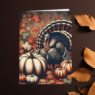 Carte Vintage Thanksgiving Turquie et Citrouilles