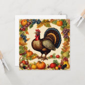 Carte Vintage Thanksgiving Turquie et récolte de fruits (Devant/Arrière en situation)