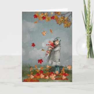 Carte Vintage Victorian Girl Holding Fall Leaves Card