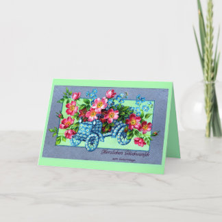 Carte Vintage voiture fleurs allemandes Joyeux anniversa