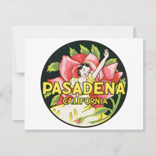 Carte Vintage voyage, Pasadena Californie, Dame et Rose
