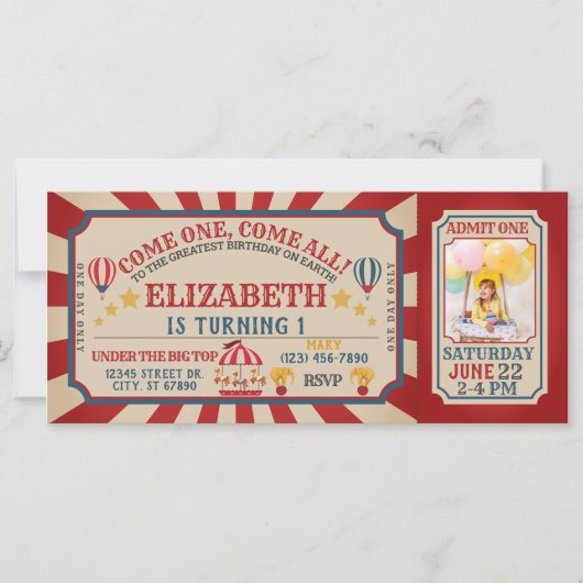 Carte VintageCircus Carnival Billet Anniversaire Invitat (Devant)