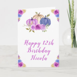 Carte Violet et bleu marine Floral Citrouilles Anniversa
