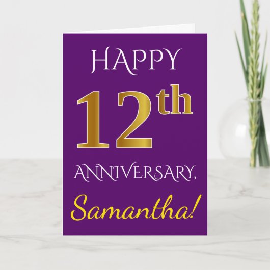 Carte Violet, Faux Or 12e Anniversaire de Mariage + Nom (Devant)