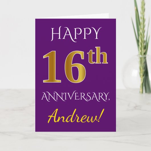 Carte Violet, Or Doré Faux 16e Anniversaire de Mariage + (Devant)