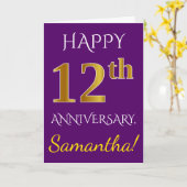Carte Violet, Or Faux 12e Anniversaire de Mariage + Nom (Fleur jaune)