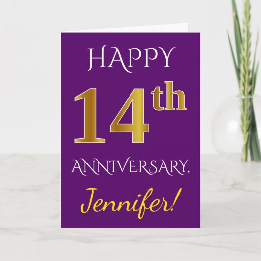 Carte Violet, Or Faux 14e Anniversaire de Mariage + Nom (Devant)