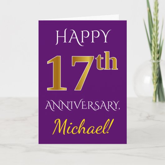 Carte Violet, Or Faux 17e Anniversaire de Mariage + Nom (Devant)