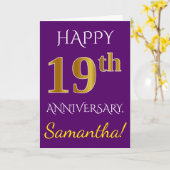 Carte Violet, Or Faux 19e Anniversaire de Mariage + Nom (Fleur jaune)