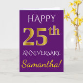 Carte Violet, Or Faux 25e Anniversaire de Mariage + Nom (Fleur jaune)