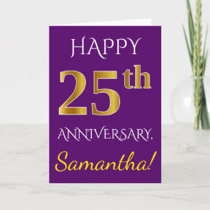 Carte Violet, Or Faux 25e Anniversaire de Mariage + Nom