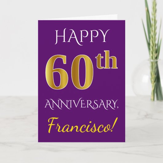 Carte Violet, Or Faux 60e Anniversaire de Mariage + Nom (Devant)