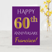 Carte Violet, Or Faux 60e Anniversaire de Mariage + Nom (Fleur jaune)