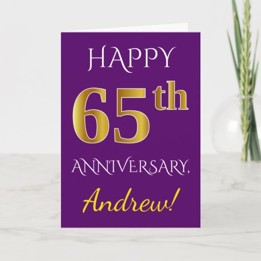 Carte Violet, Or Faux 65e Anniversaire de Mariage + Nom (Devant)