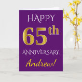 Carte Violet, Or Faux 65e Anniversaire de Mariage + Nom (Fleur jaune)