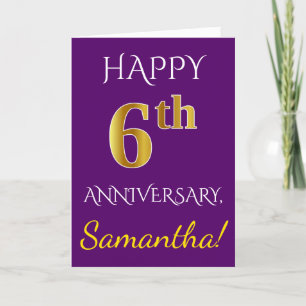 Carte Violet, Or Faux 6e Anniversaire de Mariage + Nom