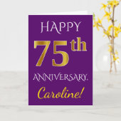Carte Violet, Or Faux 75e Anniversaire de Mariage + Nom (Fleur jaune)
