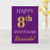 Carte Violet, Or Faux 8e Anniversaire de Mariage + Nom (Fleur jaune)