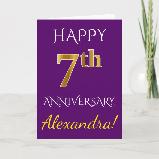 Carte Violet, Or Imitation 7e Anniversaire de Mariage + (Devant)