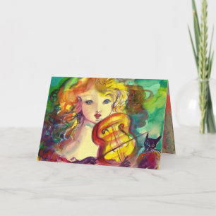 Carte VIOLINISTE FILLE, VIOLIN ET CAT Joyeux anniversair