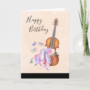 Carte Violon, Chaussons de Ballet, Fleurs et Papillons