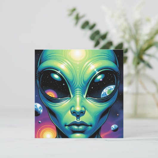 Carte Visage Alien avec des planètes Réflexions dans les (Debout devant)