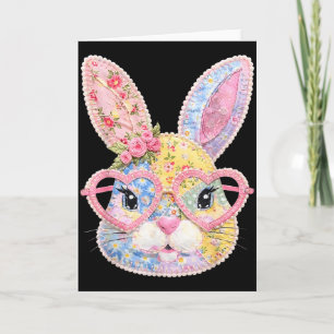 Carte Visage de lapin drôle Gles patchwork floral Lapin