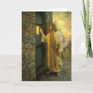 Carte Visitation à Dawn Jesus frappe sur une porte rusti