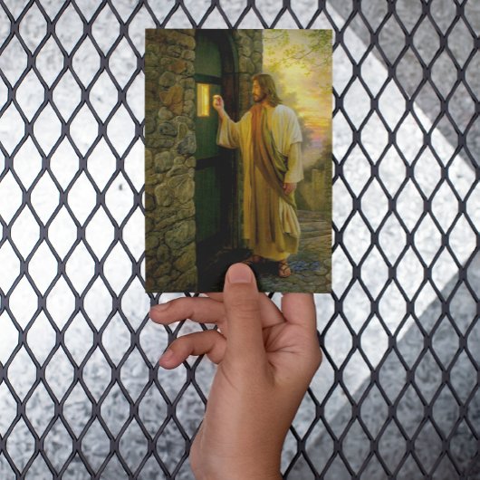 Carte Visitation à Dawn Jesus frappe sur une porte rusti