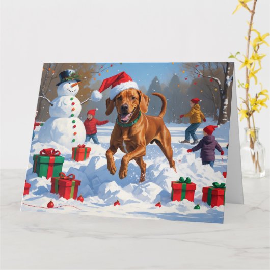 Carte Vizsla coule en neige avec Casquette de Noël (Fleur jaune)