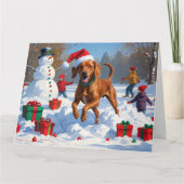 Carte Vizsla coule en neige avec Casquette de Noël (Devant)