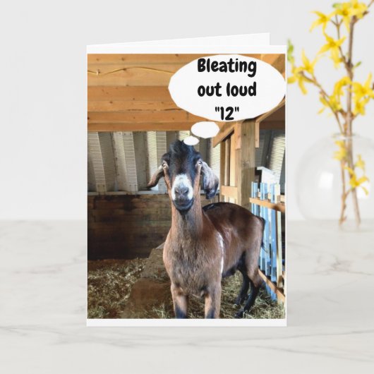 Carte VŒU D'ANNIVERSAIRE "12 ANS" : CHÈVRE MIGNONN (Fleur jaune)