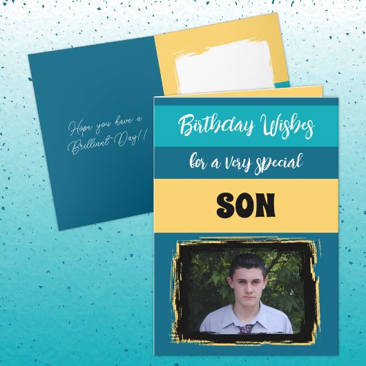 Carte voeux anniversaire fils spécial photo bleue