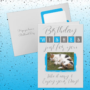 Carte voeux d'anniversaire ajouter chat photo gris bleu