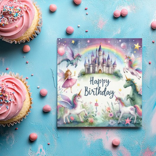 Carte Vœux d'anniversaire au château de licorne magique