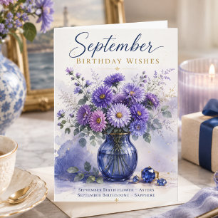 Carte Vœux d'anniversaire de septembre Asters Saphir Ann