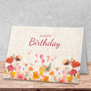 Carte Vœux d'anniversaire papillon Dessin floral en lin