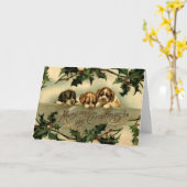 Carte Vœux de Noël Chiots au houx (Fleur jaune)