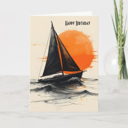 Carte Voilier Anniversaire Silhouette Avec Soleil Orange (Devant)