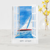 Carte voilier aquarelle en haute mer vue fenêtre (Fleur jaune)