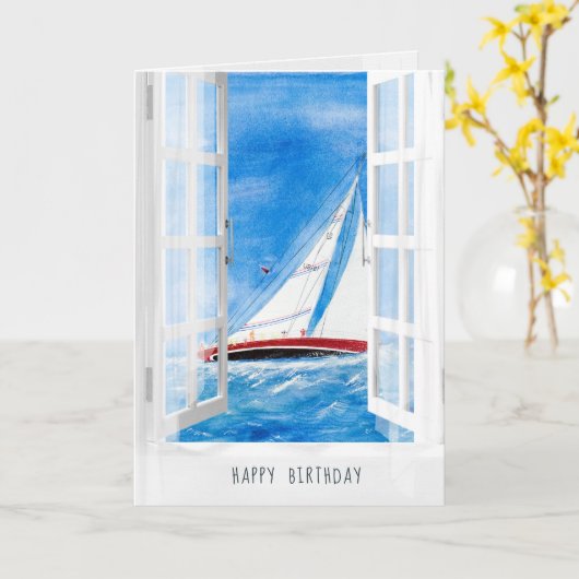 Carte voilier aquarelle en haute mer vue fenêtre (Fleur jaune)