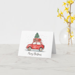Carte Voiture de Noël rouge avec cadeaux, arbre en haut