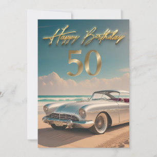 Carte Voiture de sport vintage sur une plage tropicale J