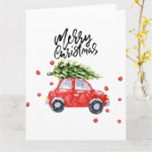 Carte Voiture rouge Joyeux Noël avec sapin de Noël   (Fleur jaune)