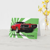 Carte Voiture rouge Muscle Anniversaire (Fleur jaune)