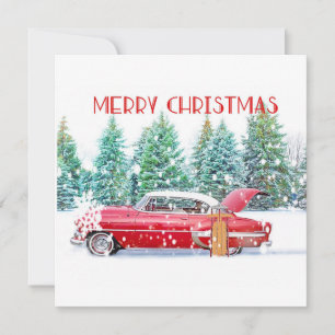 Carte Voiture Rouge Vintage dans la Neige